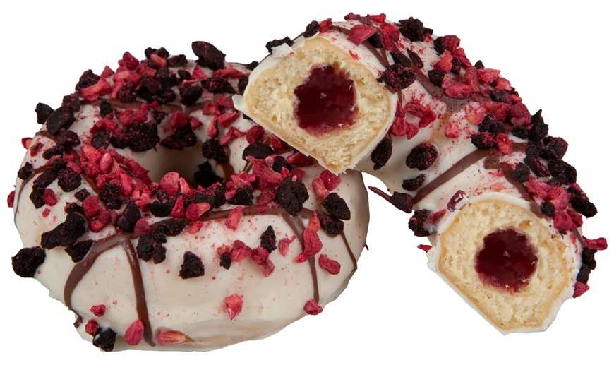 Донат с малин. начин. в белой глазури, какао-топ,красн.смород. RASPBERRY KING 77гр, 12шт/кор STOKSON купить в Донецке - Сушиман